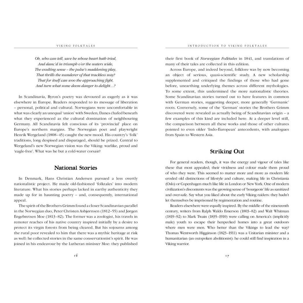 Two pages from Book: Viking and Nordic Folktales examine nationalism's impact on Viking tales, featuring "National stories" and "Striking Out." Each page uses a two-column layout to highlight Scandinavian storytelling themes.
