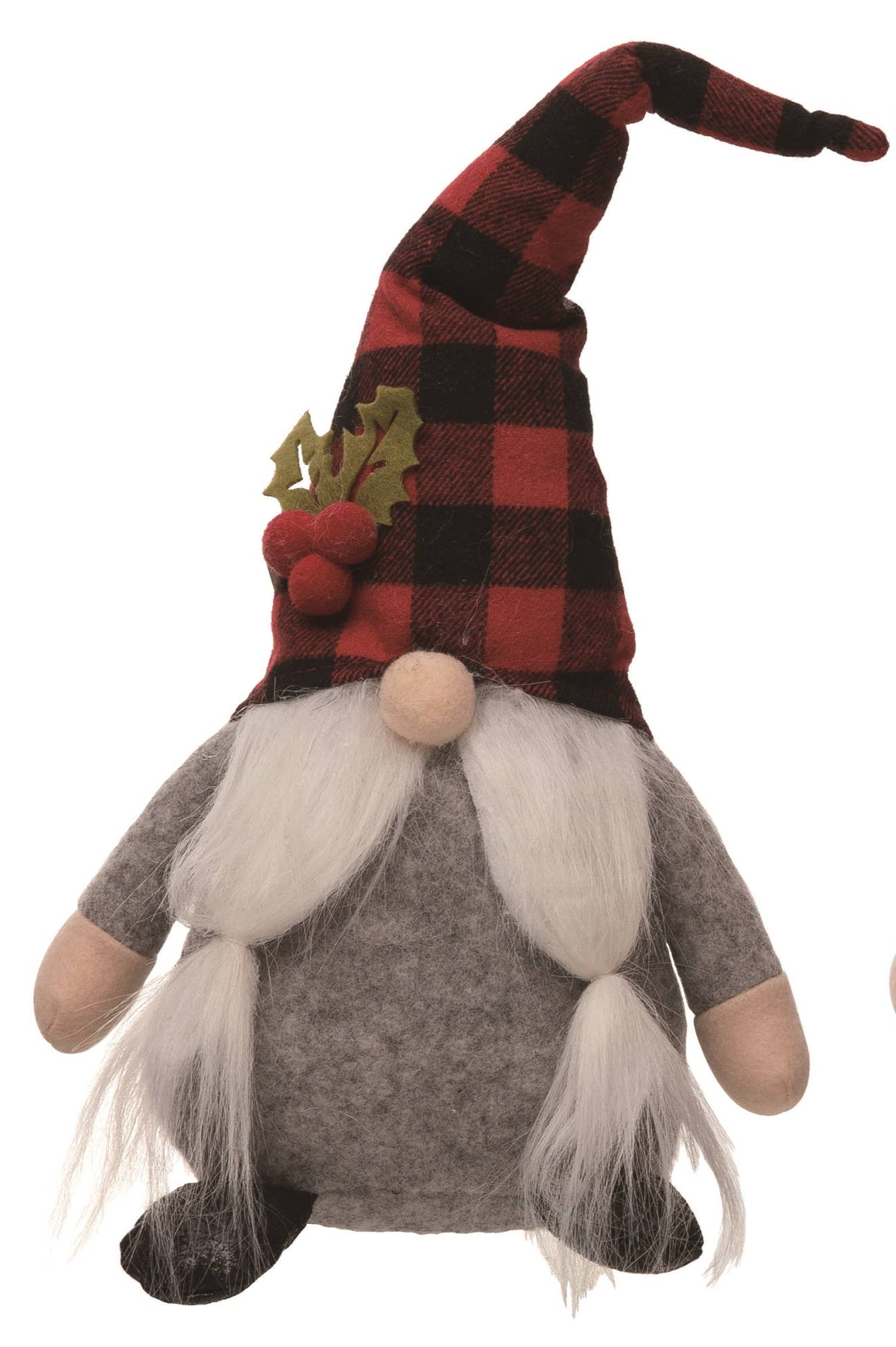 The Gnome: Christmas Plush Plaid Sitting Gnome – Boy or Girl (16.5) features a gray body, long white beard, and red plaid hat with holly leaves—perfect for Scandinavian holiday decor.