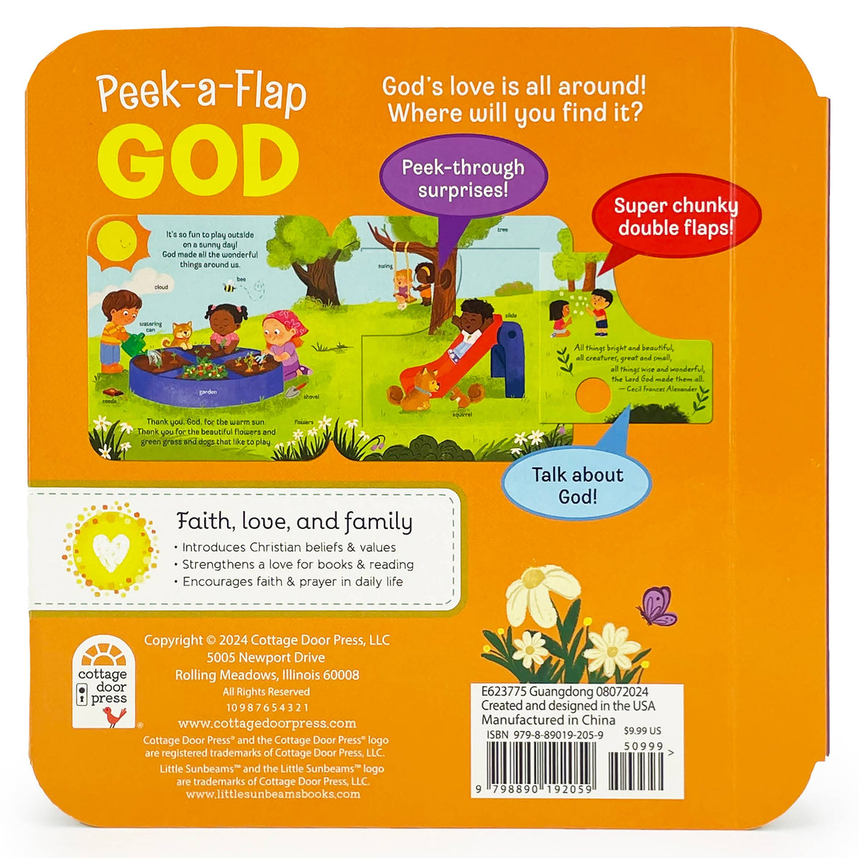Back cover of Book: Peak a Flap God 12 Chunky Flaps, featuring colorful illustrations, book details, and interactive chunky flaps that engage little ones while teaching about faith and God’s love.