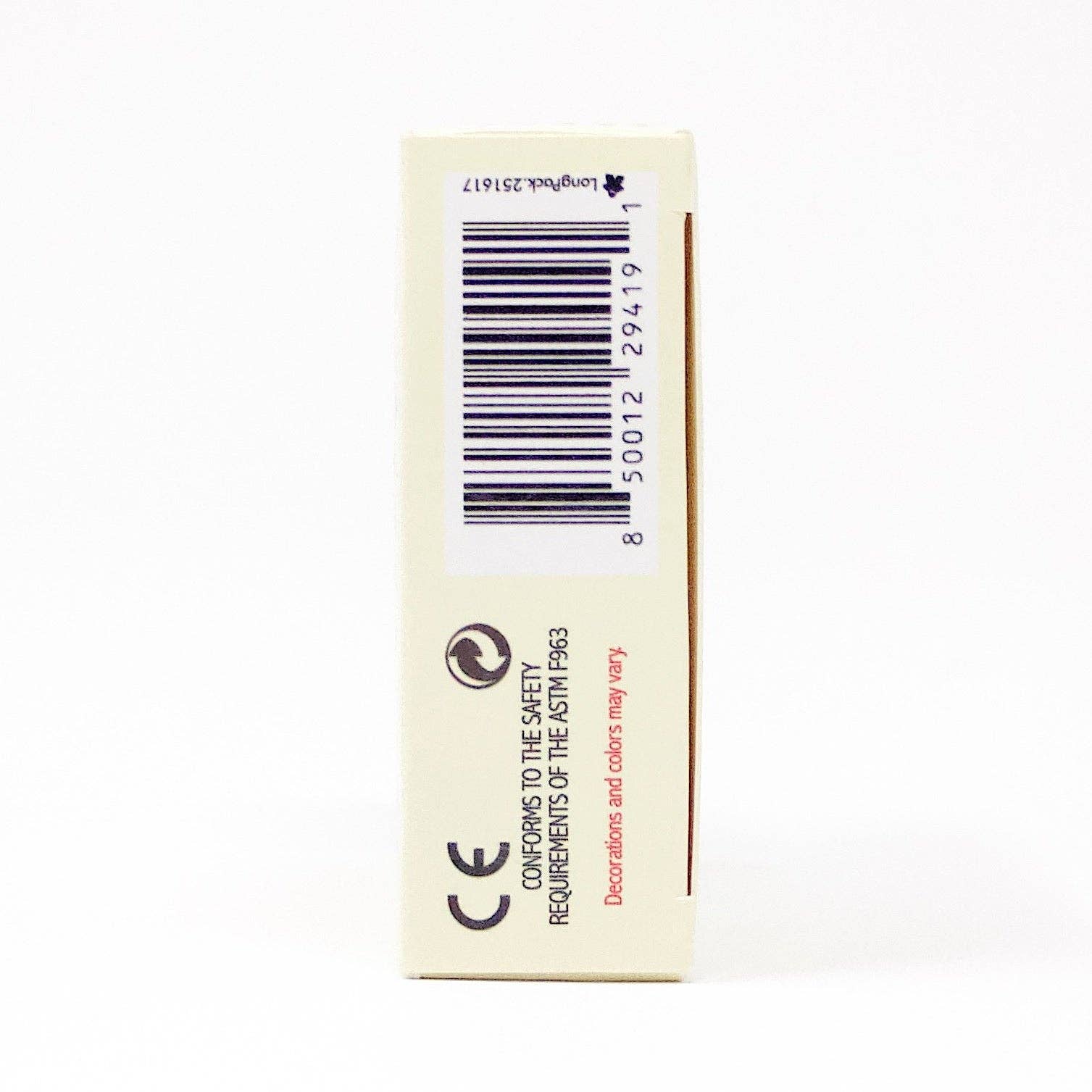 Close-up of the Playing Cards: DEK Lykke (Denmark) box side displaying a barcode, CE mark, recycling symbol, and text confirming compliance with ASTM F963 safety standards for decorations, providing assurance and joy.