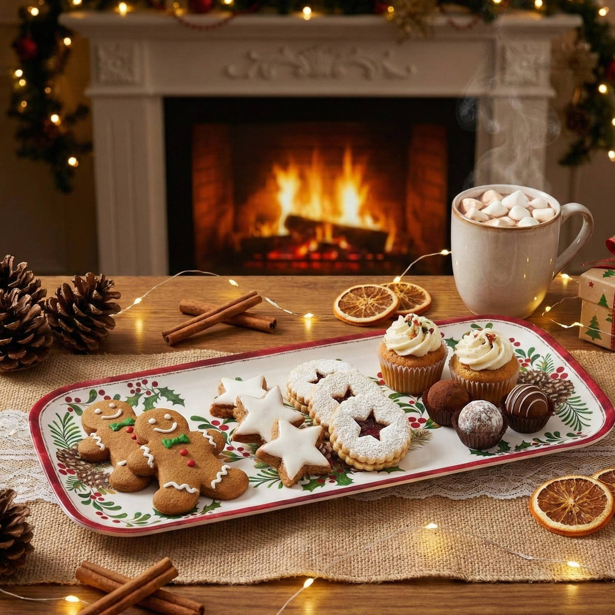 Melamine tray with cookies and cupcakes on a wooden table in front of a fireplace, with hot cocoa, pinecones, and holiday decorations in the background.