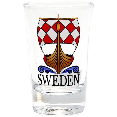 The Shot Glass: Viking Ship, Sweden beautifully captures Nordic charm with its exquisite craftsmanship, featuring a design of a Viking ship with red and white sails and the word "Sweden" beneath it.