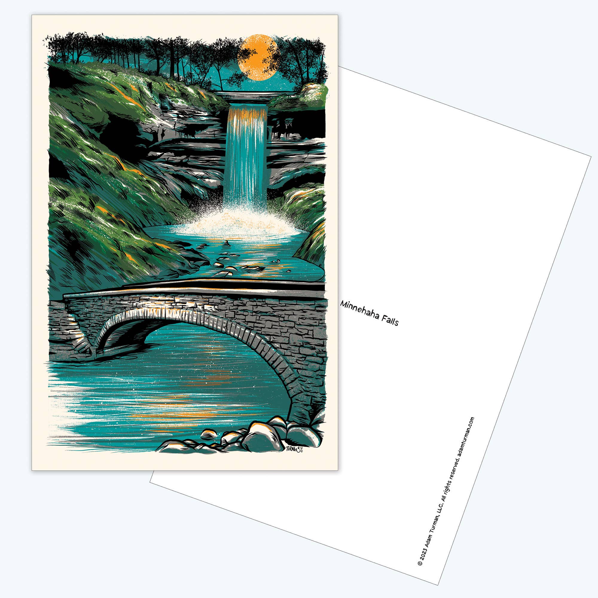 Postcards: MN Abbey Road—A charming collectible featuring a night view of Minnehaha Falls with a glowing full moon, stone bridge, trees, and waterfall; perfect for any scenery lover.