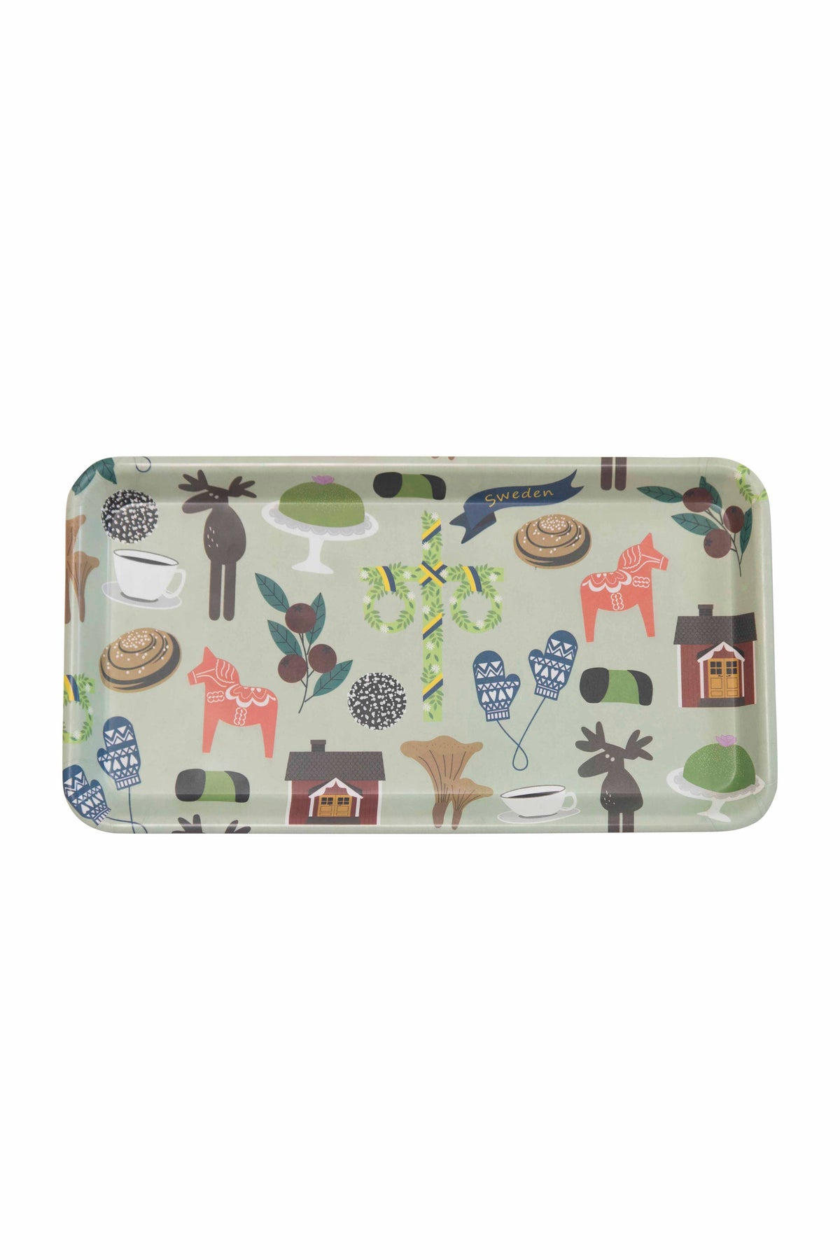 Rectangular bamboo tray with a light green background featuring Swedish motifs including Dala horses, red cottages, maypoles, cinnamon buns, moose, and mittens.