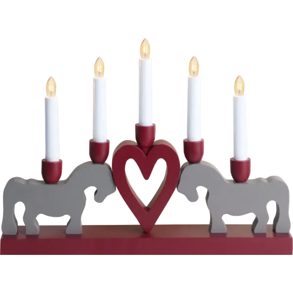 The "Leksand Candlestick" by Star Trading features five LED candle sticks, two gray Swedish Dala Horses, and a red heart on a vibrant red base.