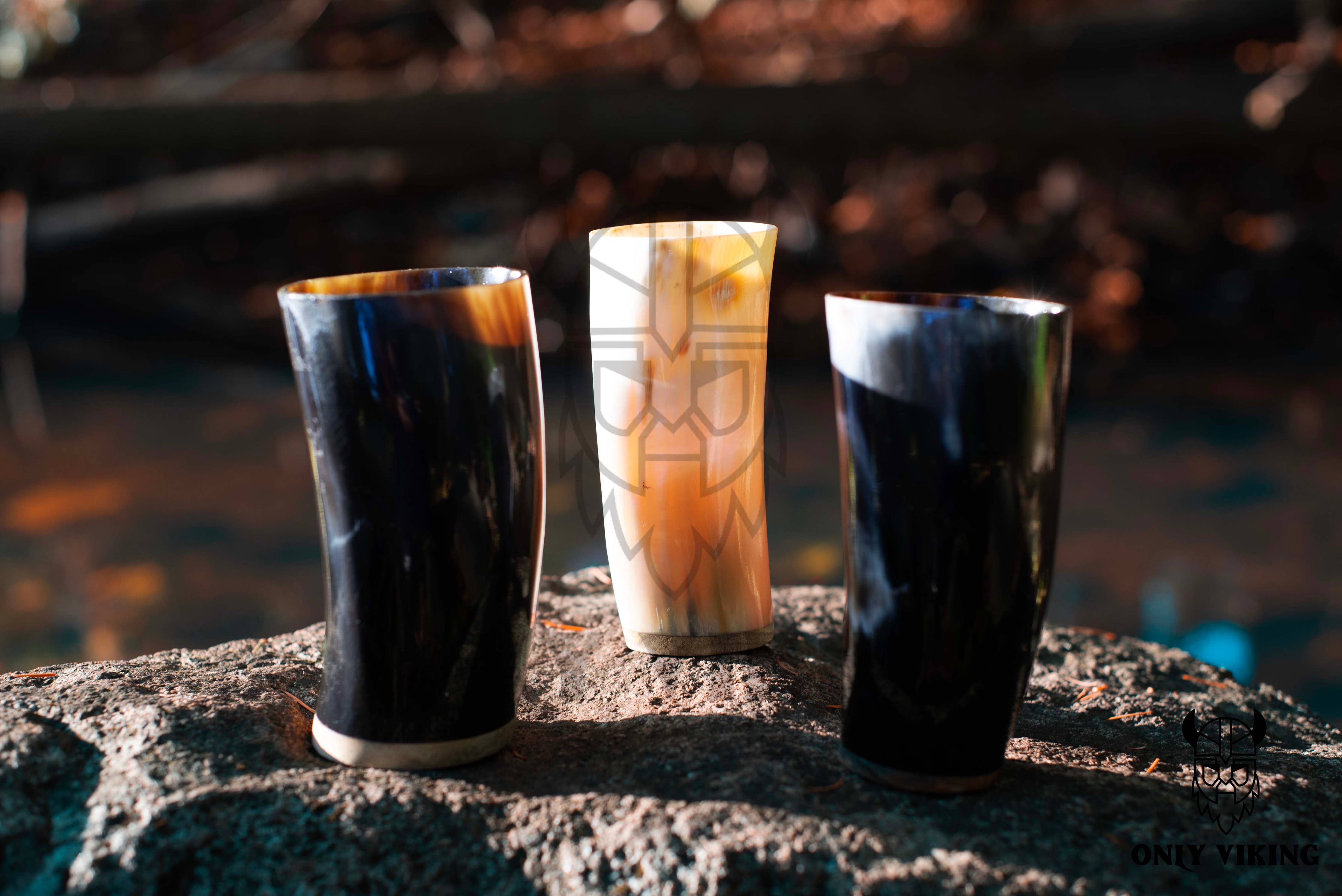 Three Drinking Horn: Beer Stein 6 Inch cups stand upright on a rock outdoors, sunlight highlighting the handmade horns against a blurred natural backdrop.