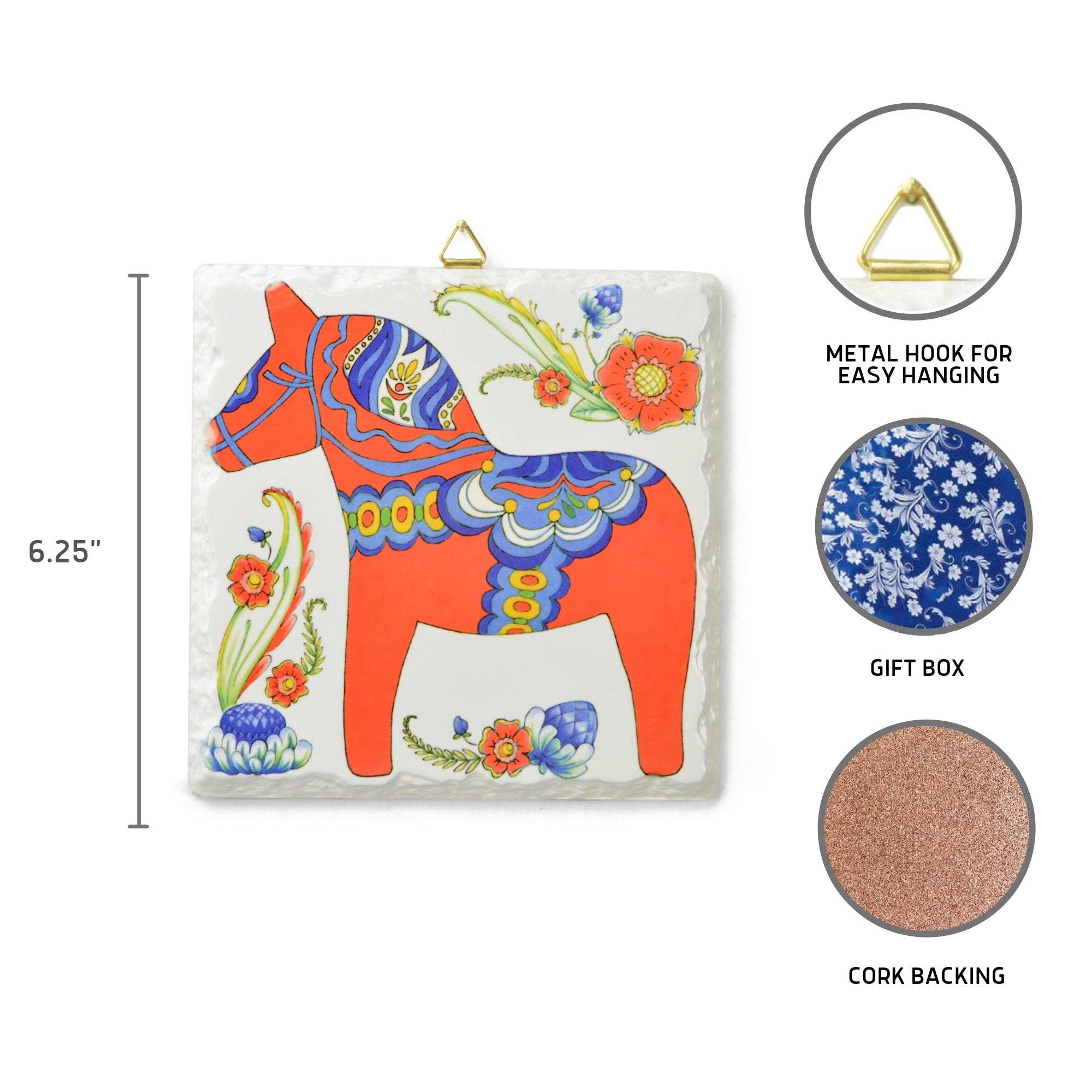 The Tile: Red Swedish Dala Horse Ceramic Deluxe Plaque features a colorful motif inspired by Swedish tradition, beveled edges, metal hanger, cork backing, and comes in a blue floral gift box. Measures 6x6.
