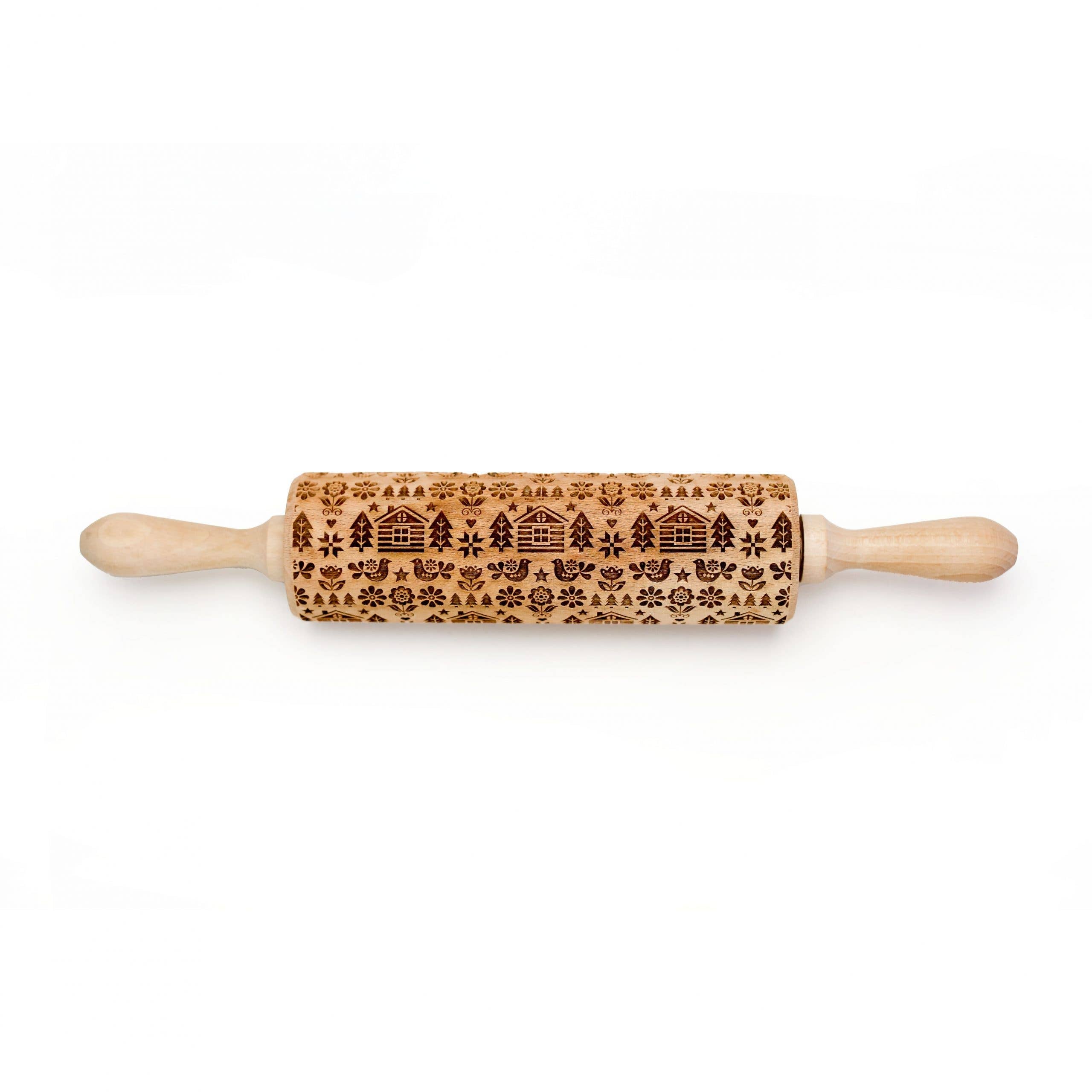 This beautifully crafted handmade rolling pin, featuring intricate folk patterns with winter cabins, flowers, trees, and birds motifs, adds an elegant touch to your baking.