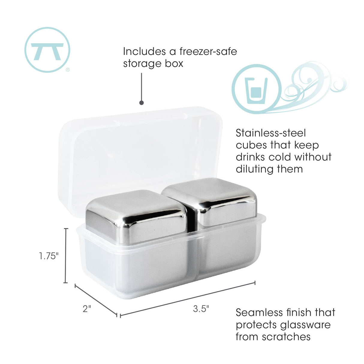 The Cubes: Stainless Steel Ice Cubes in Plastic Case Set of 2 (1.57" square) keeps drinks cold without dilution—ideal as whiskey stones. Includes a freezer-safe storage box with labeled dimensions and key features.