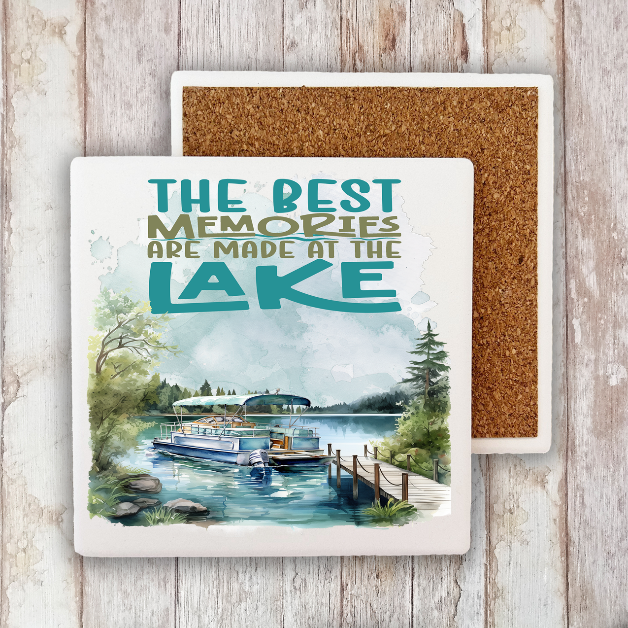 The "The Best Memories are Made at the Lake" 4"x4" stone coaster with cork back features boats and trees, adding lakeside charm while protecting surfaces.