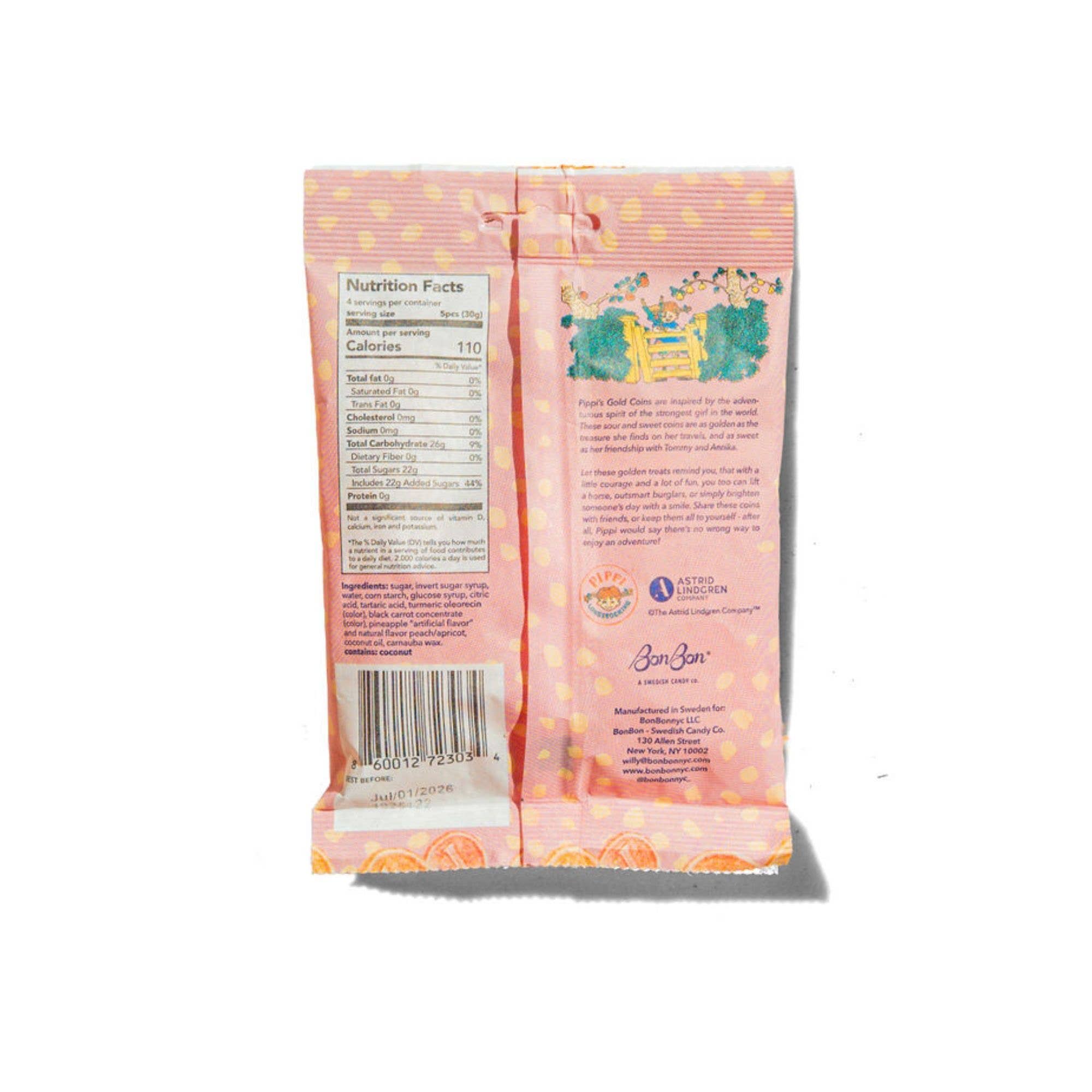 Back view of Candy: Pippi Longstocking Gold Coins - Swedish Candy 4.2oz (120g) package in pink, featuring nutrition facts, tropical flavors description, certifications, and a barcode at the bottom.