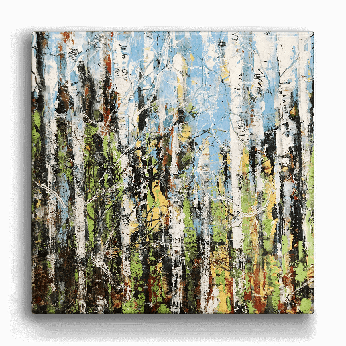 The Wall Decor: Aspen Forest I - Metal Box Art (Aluminum Box, 18" x 18" x 3") features an abstract aspen forest with white bark, green and yellow leaves, and a blue sky, bringing nature-inspired elegance to your space.