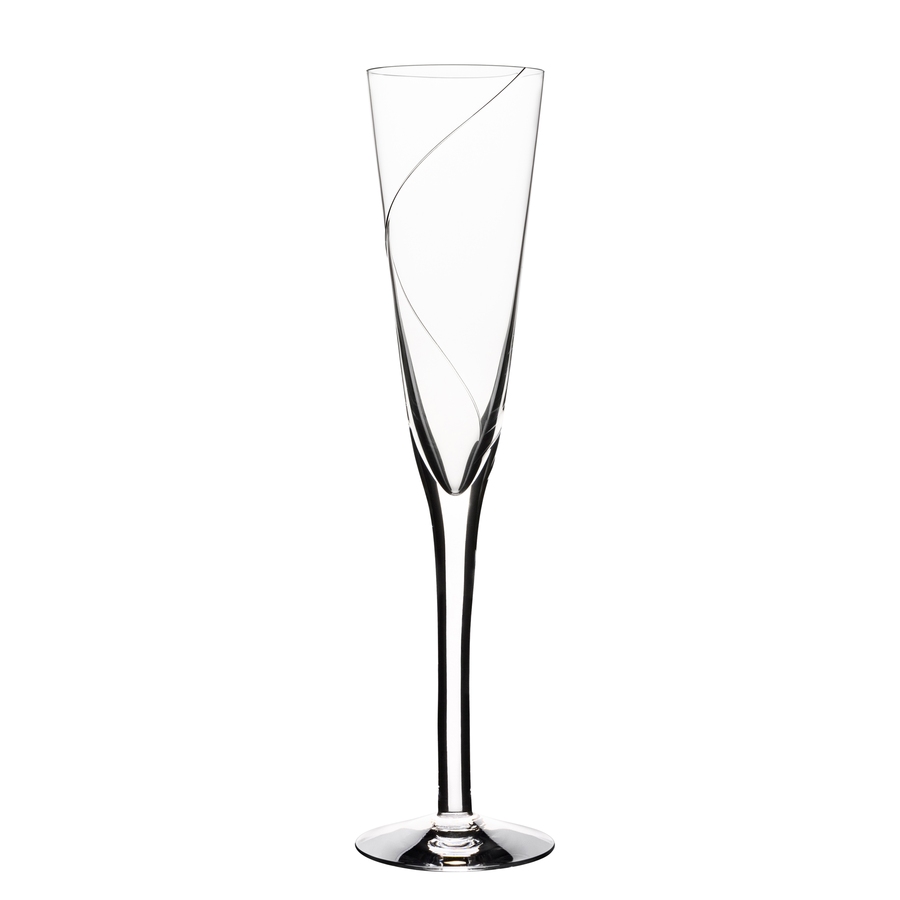 The KostaBoda: Line Flute Champagne Glass is a clear, mouth-blown flute with a tall stem and subtle spiral bowl design, standing upright on a white background and highlighting Kosta Boda's craftsmanship.