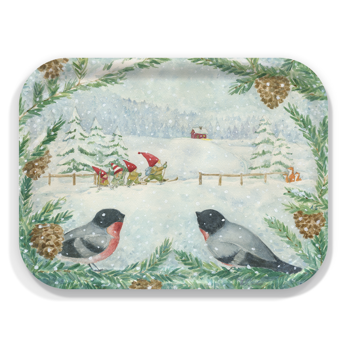Birchwood tray with a watercolor Nordic winter scene showing skiing gnomes, two birds, pine branches, pinecones, snow, and a red house.