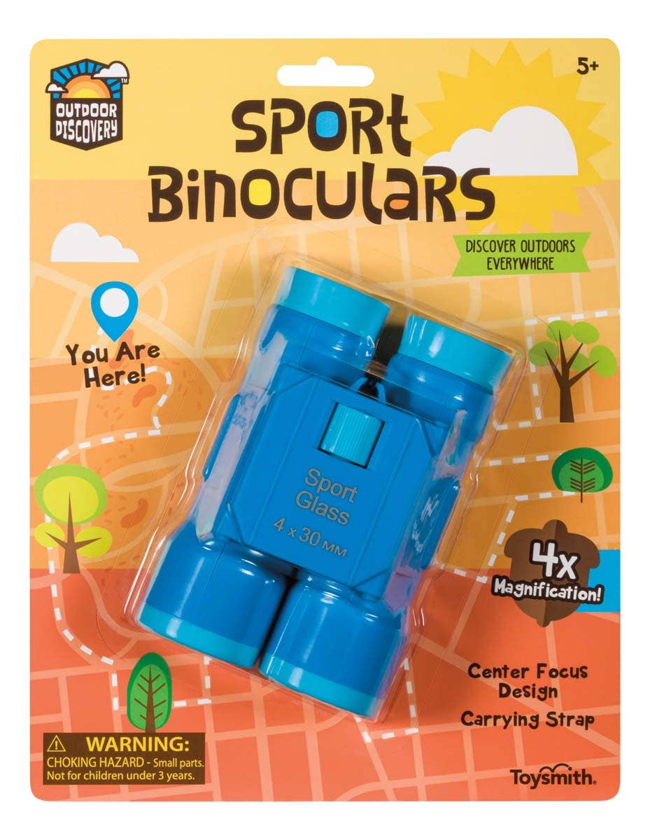Toy: Sport Binoculars 4x Magnification 30mm—blue kids binoculars in plastic packaging for ages 5+, with details and warnings printed on a yellow outdoor-themed background.