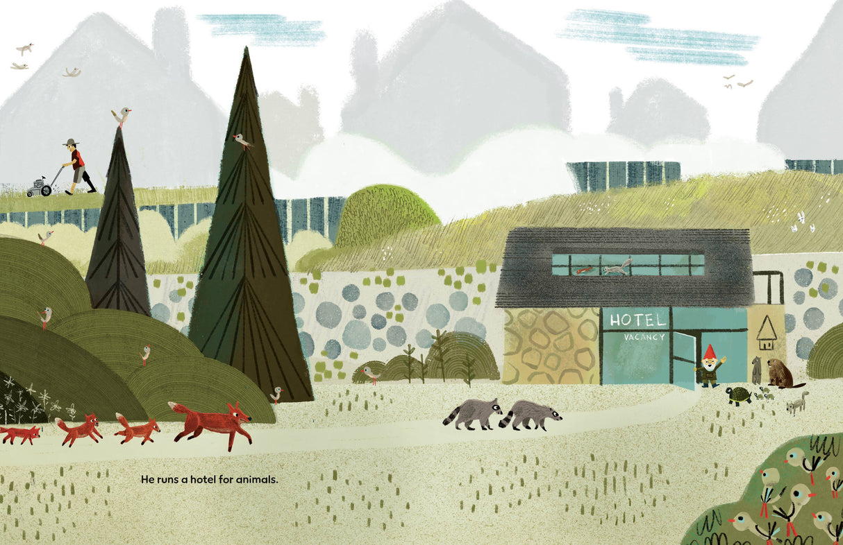 A whimsical animal hotel appears among trees and bushes, as in Scott Magoon's "There's No Place Like Gnome's"; foxes and raccoons gather outside while a man pushes a stroller along the nearby path.