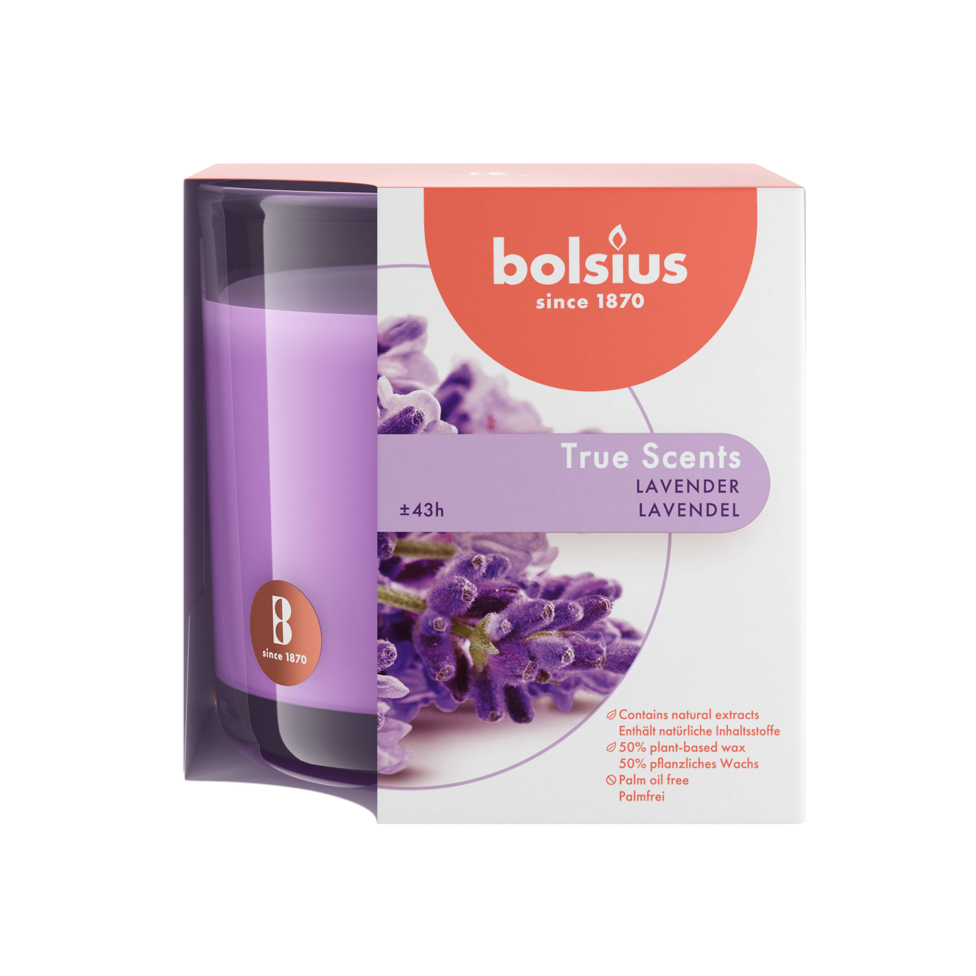 Lavender-scented candle with packaging labeled Bolsius True Scents, crafted using high-quality natural extracts, measuring 3.75 x 3.75 inches and offering a burn time of 43 hours.