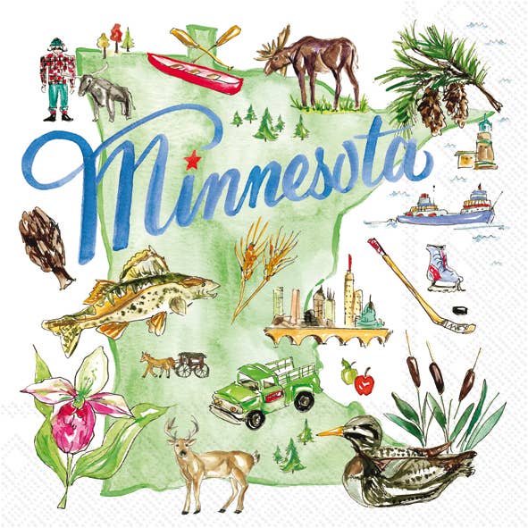 Napkins: Minnesota State Cocktail Napkins 5"x5" (20/pkg) feature the state outline with wildlife, landmarks, pinecones, a canoe, city skyline, and "Minnesota"—ideal for regional events or unique Minnesota gifts.