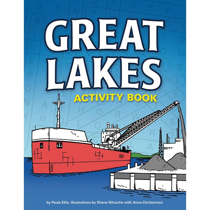 The cover of the "Activity Book: Great Lakes Activity Book," an engaging educational tool, showcases an illustration of a red cargo ship docked with a crane set against a striking blue background.