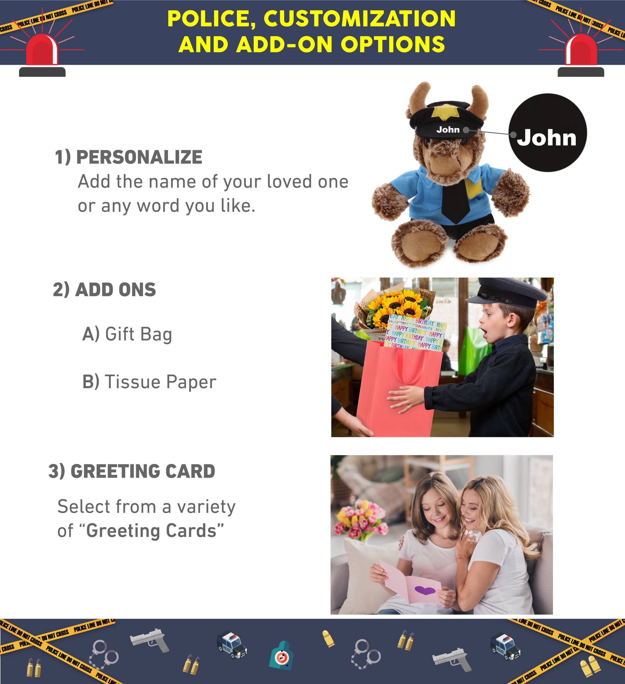 A guide to police-themed gifts: the Plush Sitting Buffalo Police Stuffed Animal, optional gift bag or tissue paper add-ons, and a variety of greeting cards.