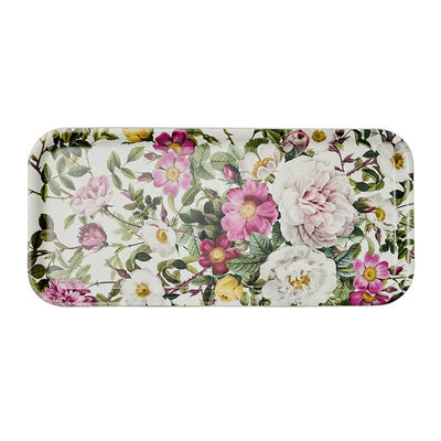 Rose Flower Garden serving tray, 32x15 cm, made in Europe—an elegant rectangular tray with a floral pattern of pink, white, and yellow roses with green leaves on a white background.