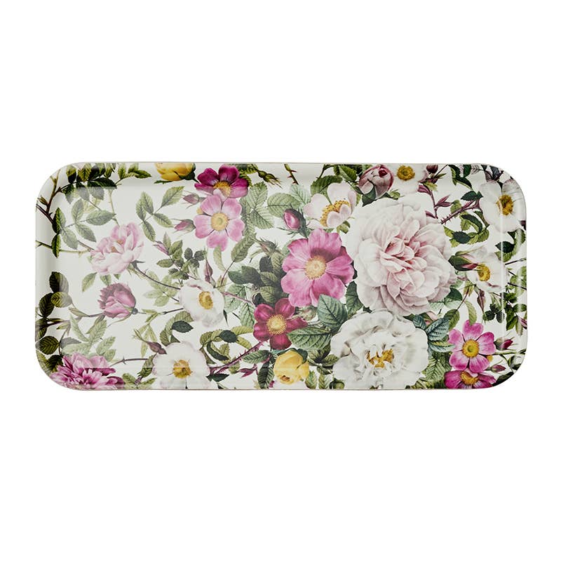 Rose Flower Garden serving tray, 32x15 cm, made in Europe—an elegant rectangular tray with a floral pattern of pink, white, and yellow roses with green leaves on a white background.