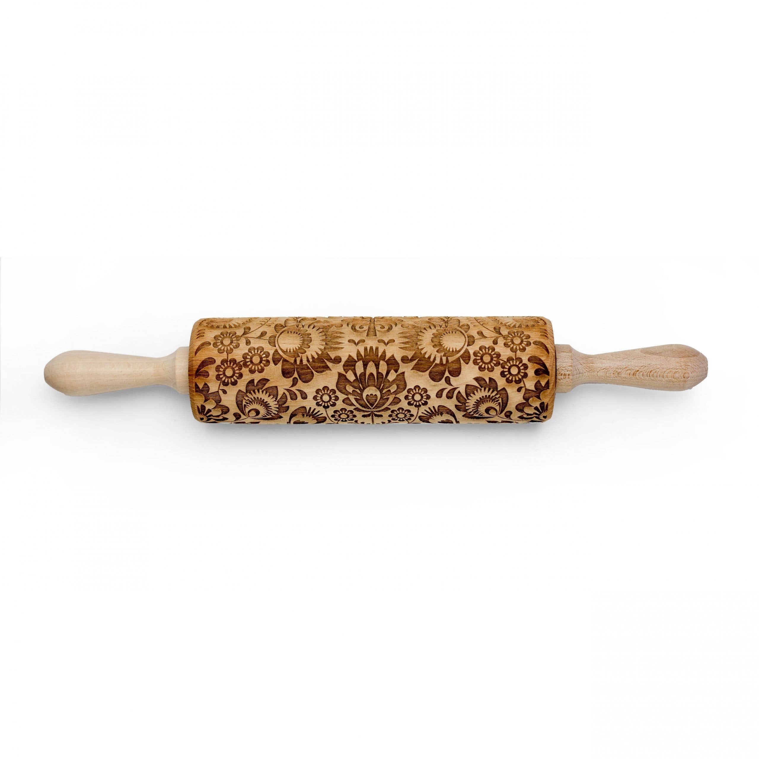 The Rolling Pin: Folk Pattern Embossing Rolling Pin Flowers features intricate floral designs with two wooden handles against a plain white background, creating a stunning piece.