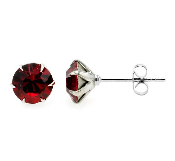 The January Garnet Sparkling Speck Swarovski® Crystal Stud Earrings feature round faceted red crystals in prong settings, displayed from front and side angles.