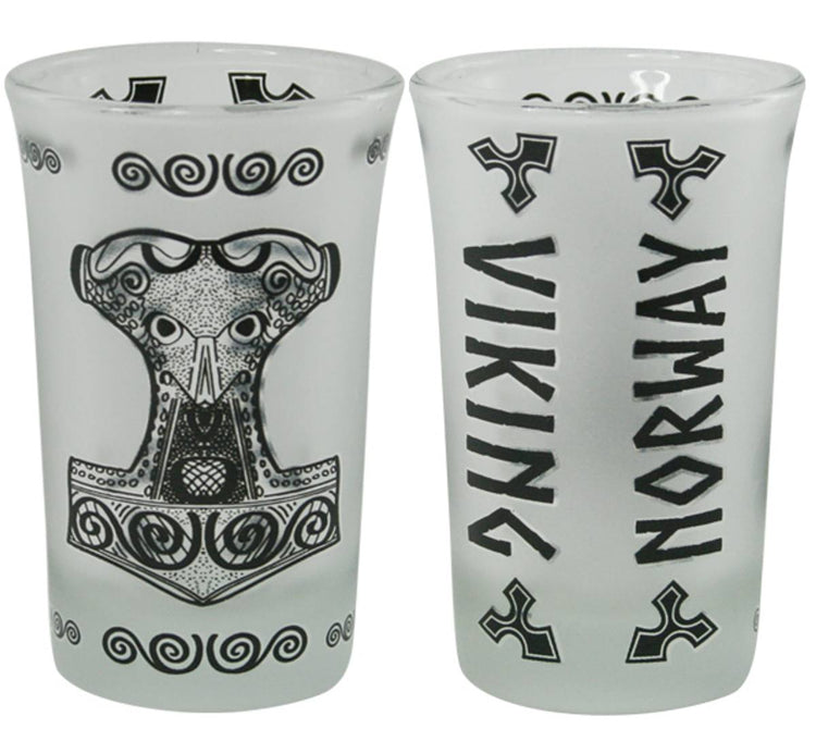 Set of two frosted 1.5 oz shot glasses: one features a stylized Thor's Hammer, the other displays "VIKING" and "NORWAY" in black with Scandinavian mythology-inspired designs.
