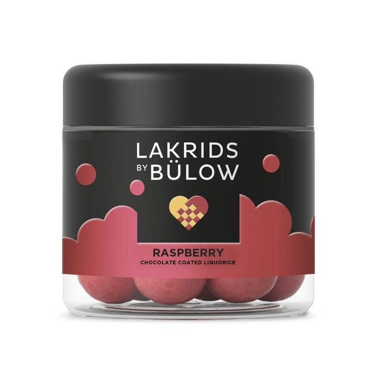 A 4.41 oz jar of Lakrids: Crispy Raspberry Danish Gourmet Licorice Limited Edition by Bulow, with a black lid and black-and-red label, displayed against a white background.
