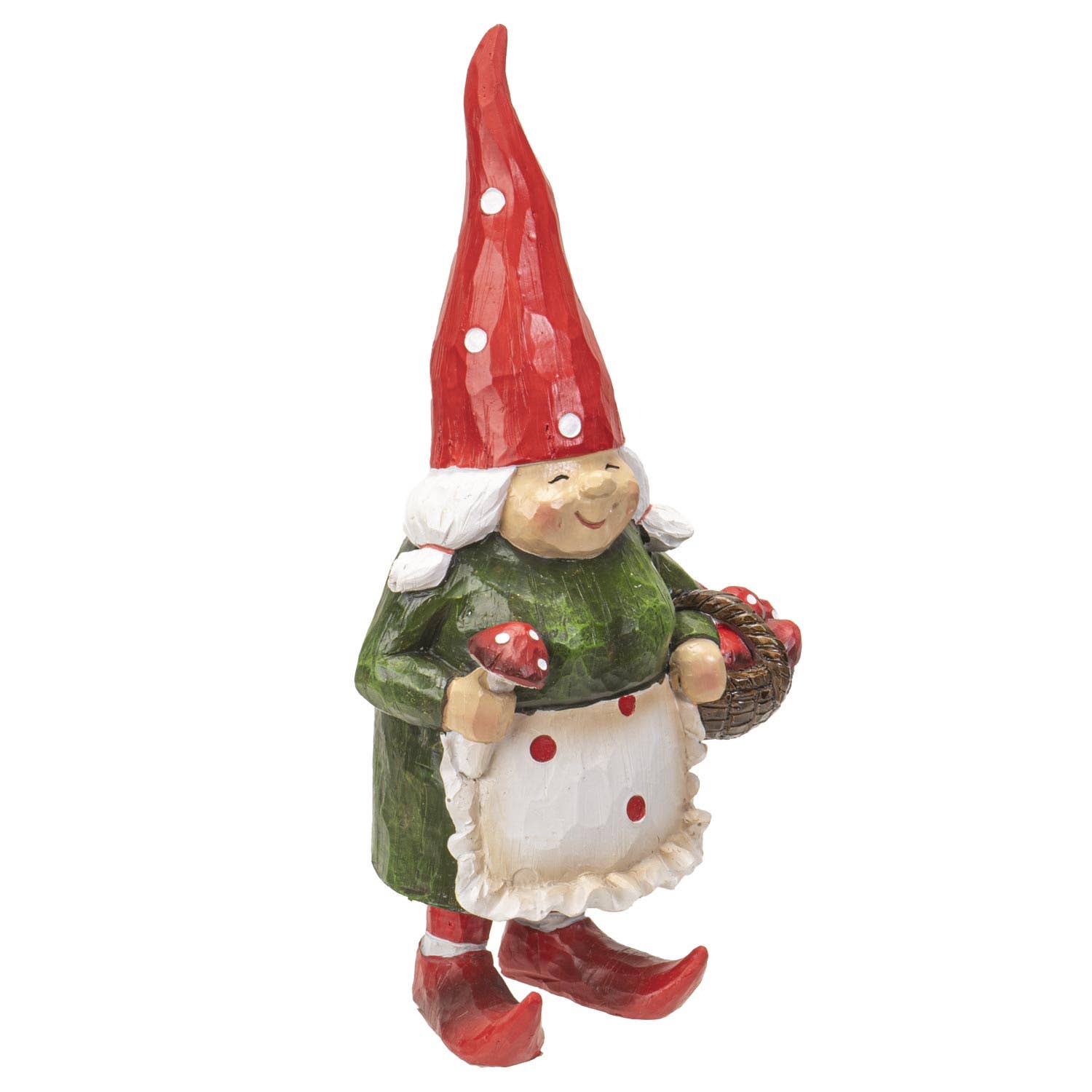 Add woodland charm to your space with the Gnome: Granny Gnome - 9.72", a delightful figurine in a red hat, green dress, and white apron, holding a mushroom and basket of mushrooms.