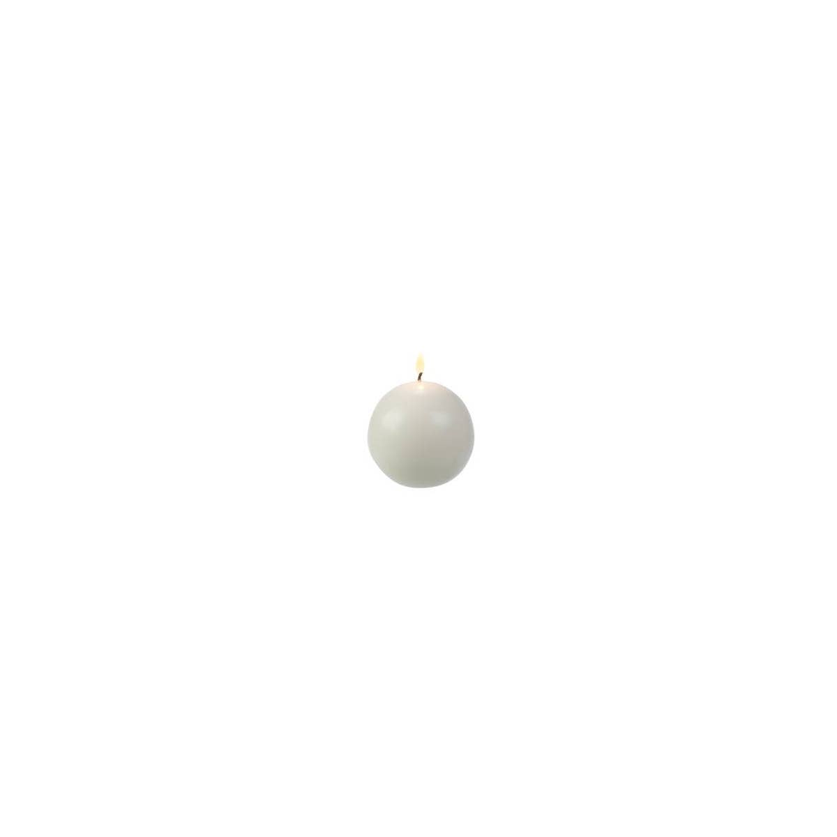 A White Ball Candle, 2.5" diameter, is centered on a plain white background with a small flame at the top, showcasing the elegance of Candles: White Ball Candles.