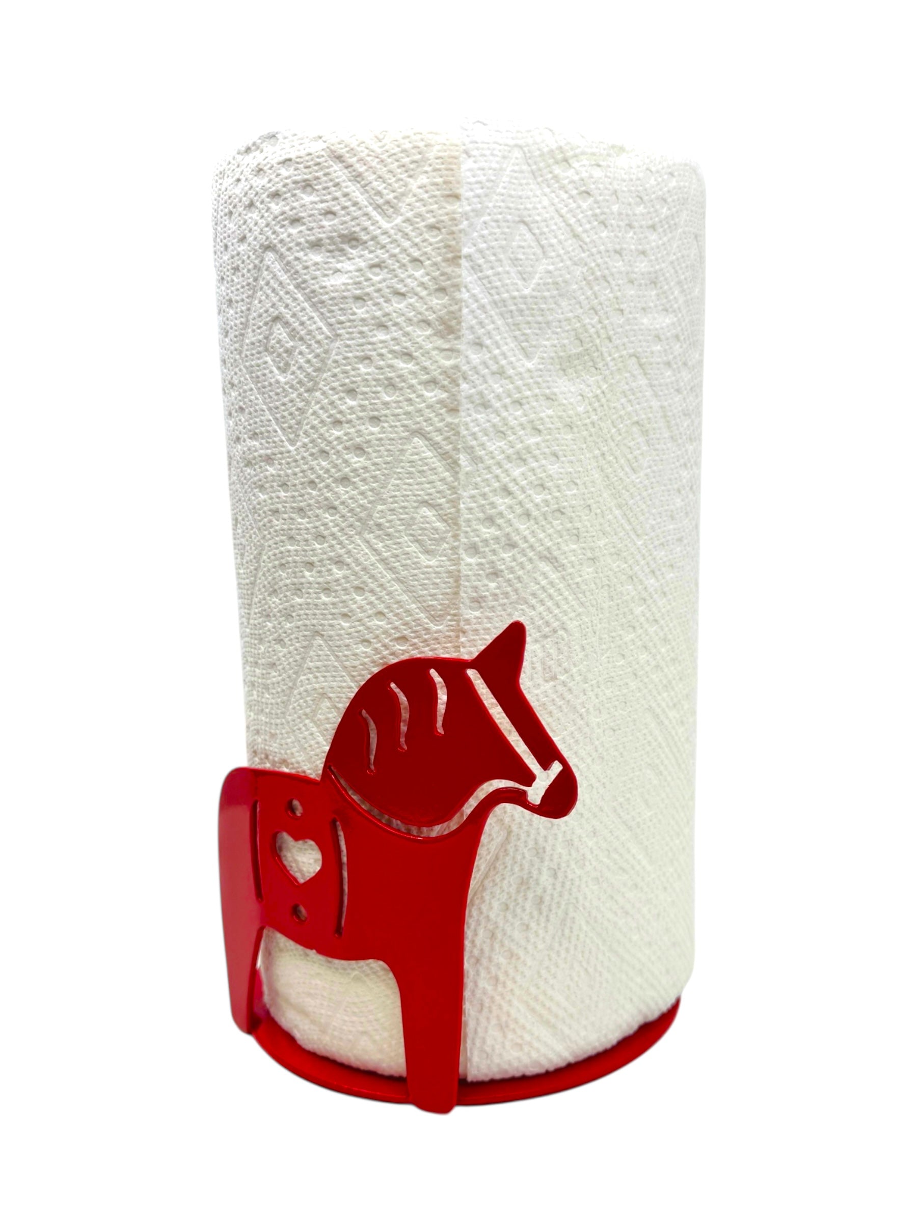 A white paper towel roll stands in a Holder: Red Dala Horse Paper Towel Holder Handcrafted Laser Cut Metal, adding Scandinavian charm to your kitchen decor, shown against a white background.
