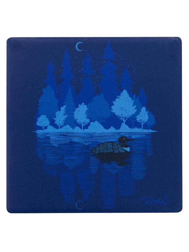 The Midnight Loon Coaster by Adam Turman features Minnesota’s state bird—a loon gliding across a lake with tree reflections—on a square blue design.