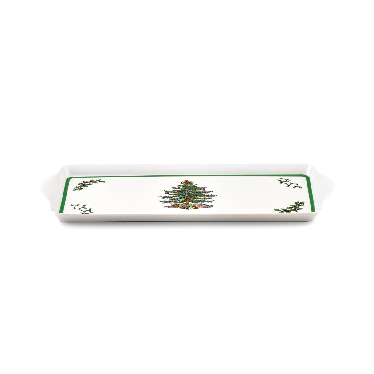 Rectangular melamine tray with green border, Christmas tree illustration in the center, holly accents in the corners, and two side handles.