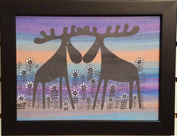 Artwork: Moose Couple, Alfred & Anna in a Flower Bed Blue (framed 11x14)—Scandinavian-inspired piece featuring moose facing each other amidst colorful stripes and white flowers.