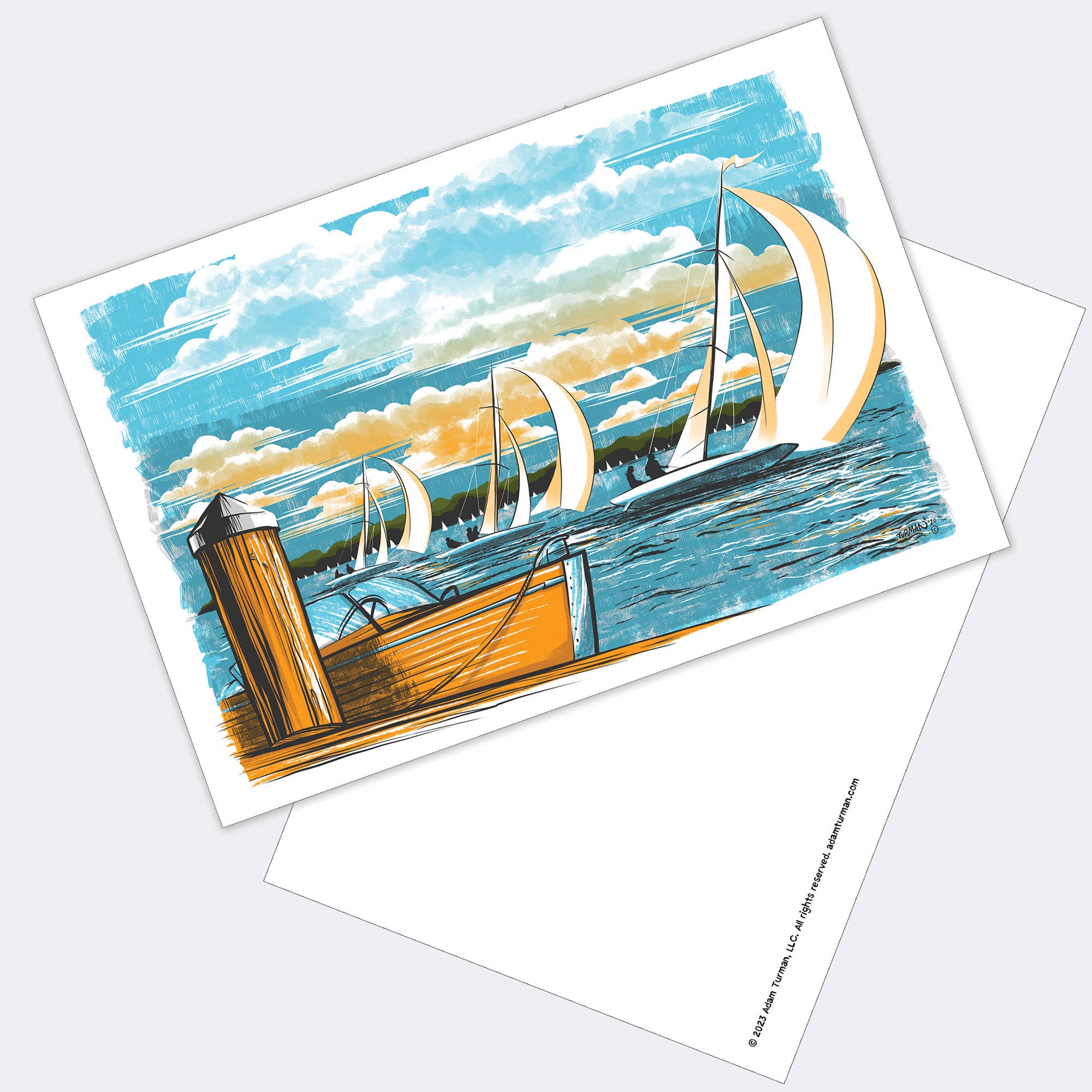 Illustration of sailboats racing by a wooden pier under a partly cloudy sky. Includes blank postcard—Postcards: MN Abbey Road makes an ideal Minnesota postcard and unique collectible print for enthusiasts.