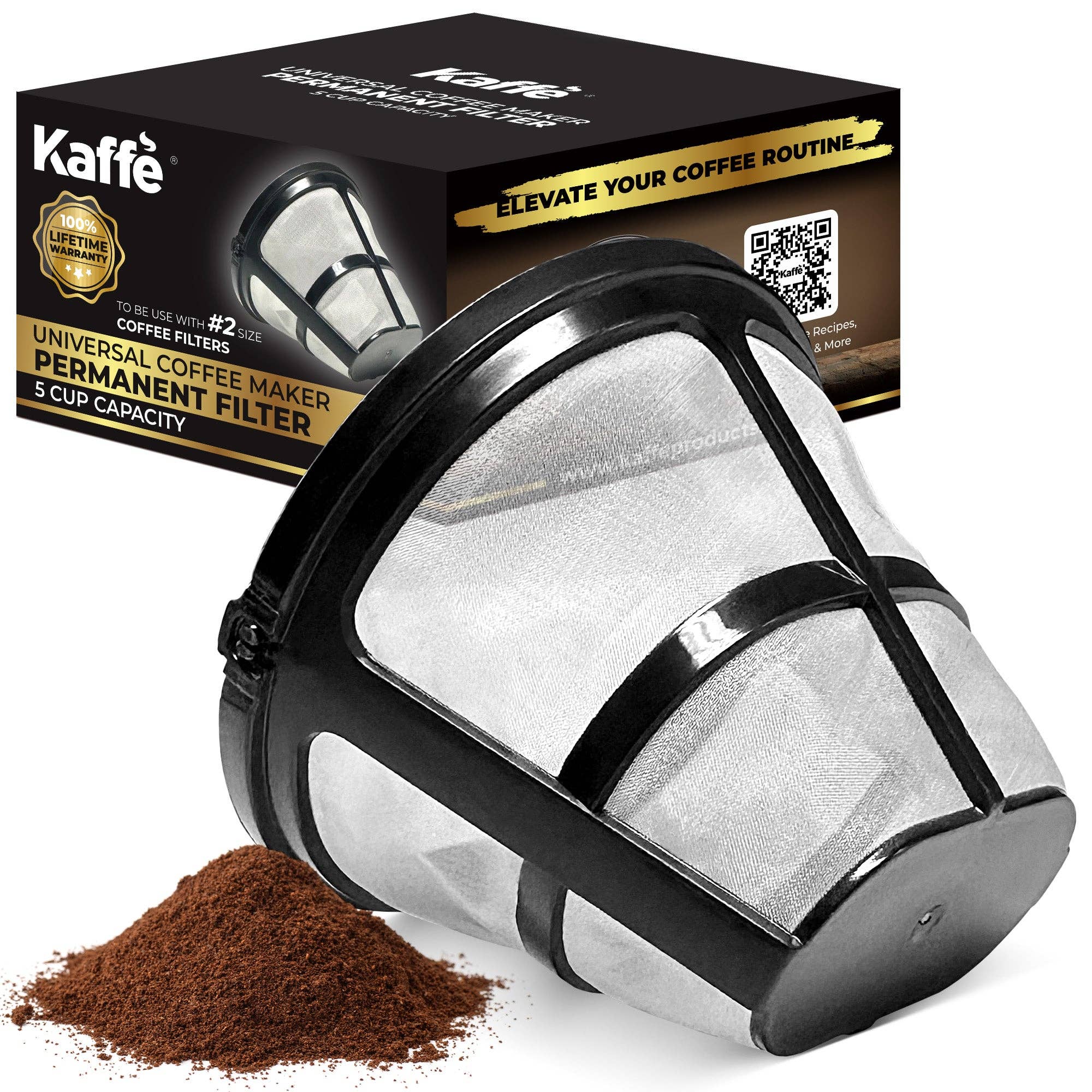 A reusable Kaffe Universal Permanent Coffee Filter with a black frame and stainless steel mesh sits beside ground coffee and its packaging—ideal for 5-cup coffee makers.