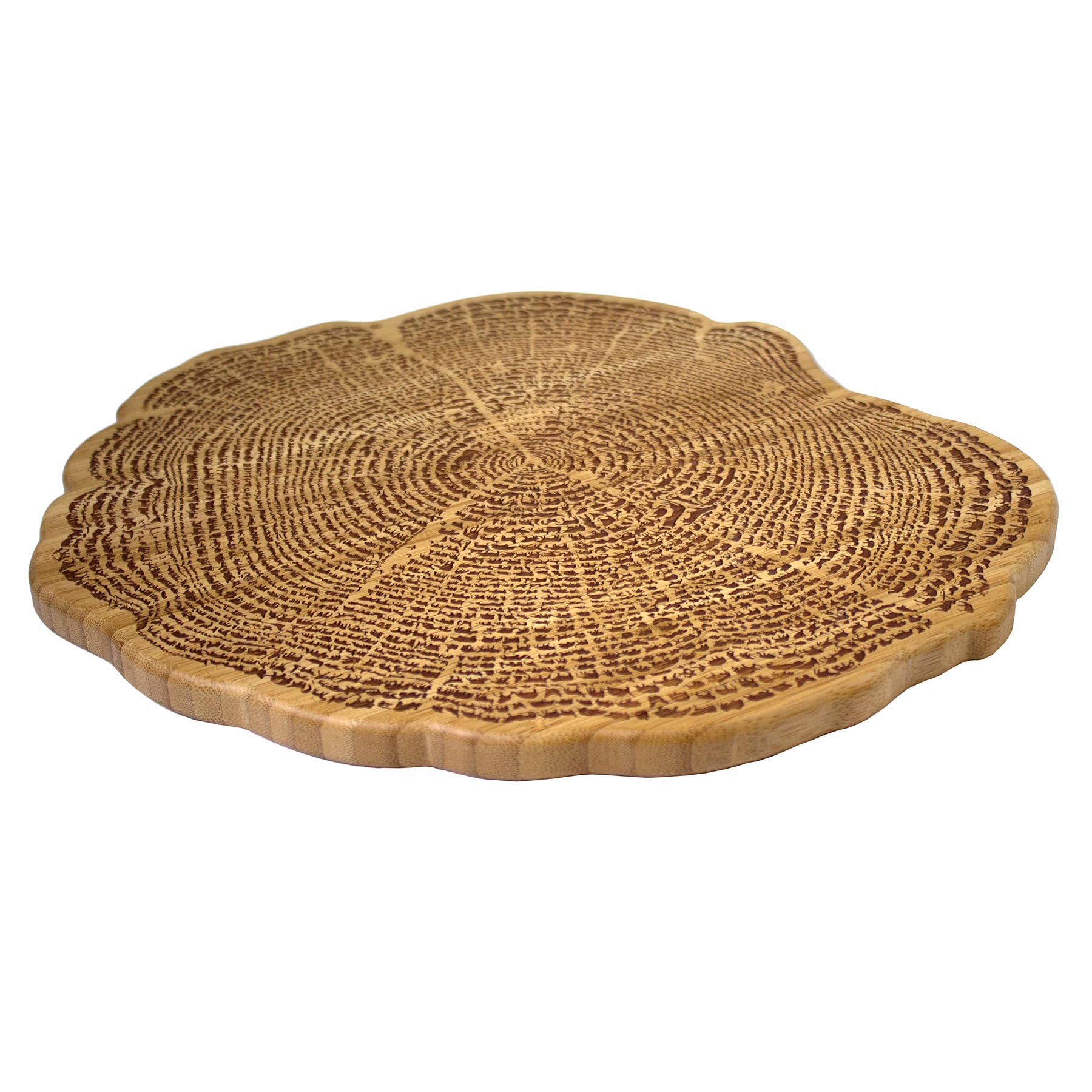 The Tree Of Life Bamboo Serving Board (13) features 800+ engraved silhouettes of exotic and endangered animal species, with visible growth rings and textured surface details.