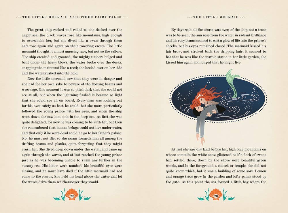 Hardcover book page with illustration of a red-haired mermaid swimming in dark swirling water, positioned beside printed story text.
