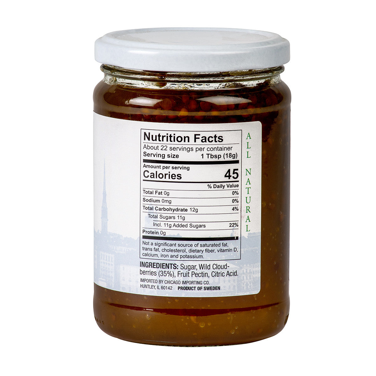 A glass jar with a white lid displays nutrition facts and a list of sugar, wild cloudberry, fruit pectin, and citric acid—featuring Lars Own Wild Swedish Cloudberry Preserves, 14.1 oz.