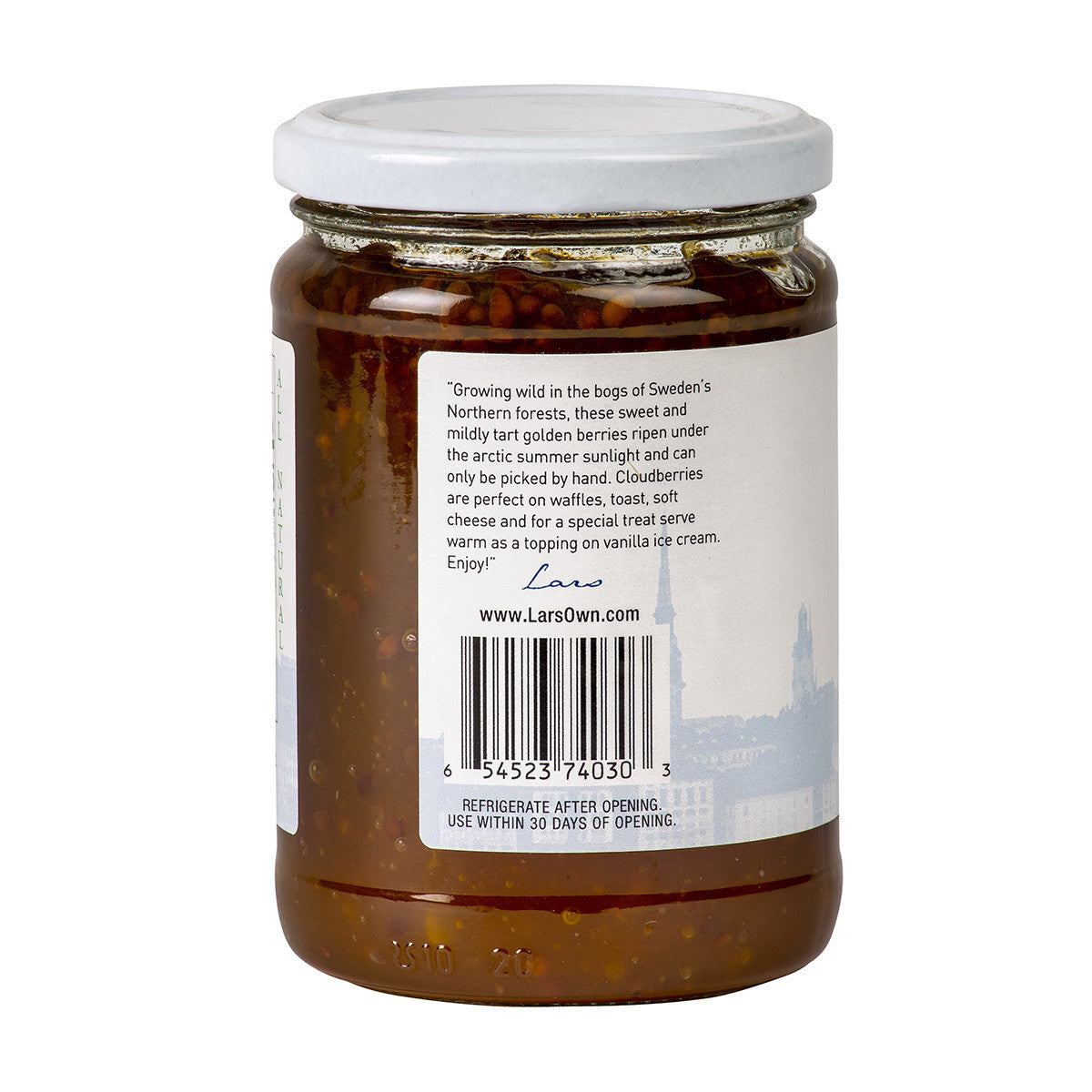 A 14.1 oz glass jar of Lars Own Wild Swedish Cloudberry Preserves with a labeled exterior displaying product details, barcode, and storage instructions.