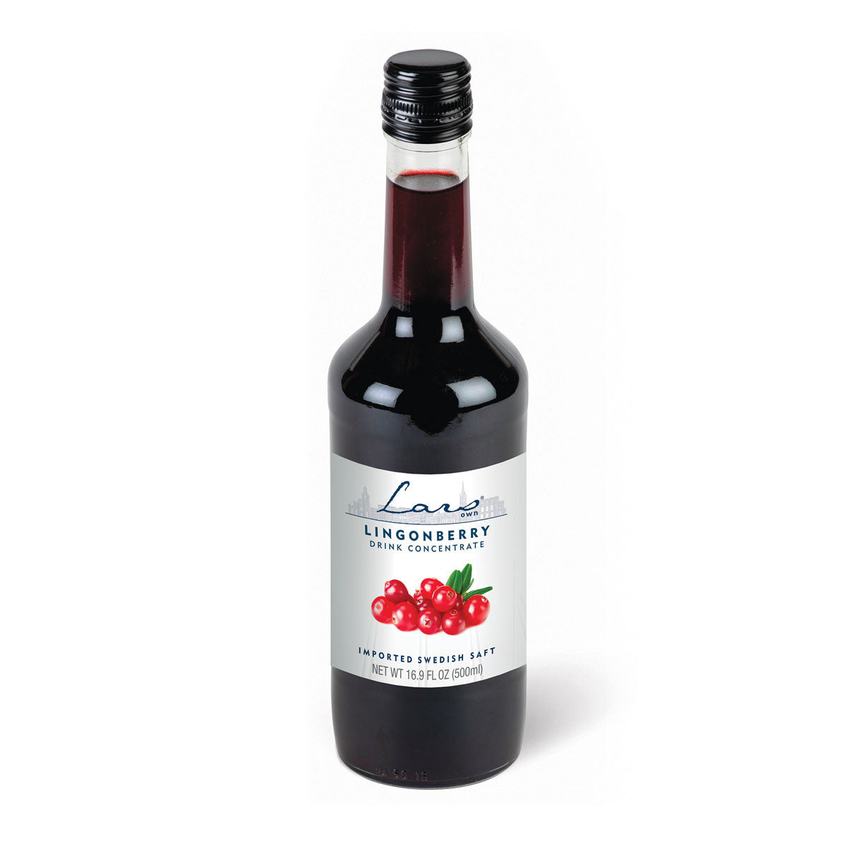 A bottle of Concentrate: Lars Own - Lingonberry Drink Concentrate (Saft), ideal for a Nordic cocktail, features a label with vivid lingonberries and comes in a 500ml capacity.