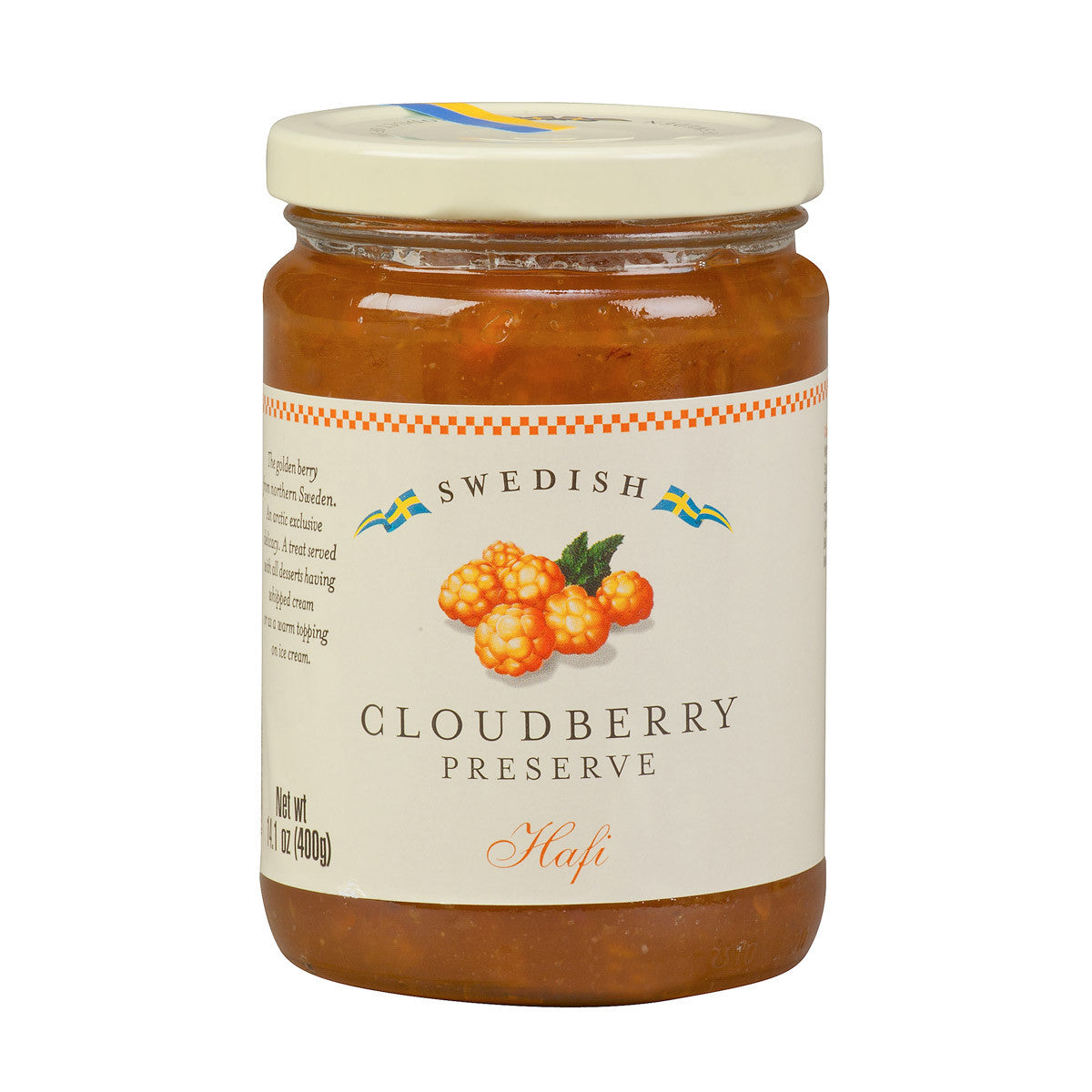 The Hafi Cloudberry Preserves Jar (14.1 oz) features a white label with a cloudberries illustration and an off-white lid displaying a small Swedish flag, emphasizing its Swedish origin.