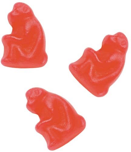 Three red Malaco ZOO Animal Gummy Candies from Swedish Sweets Wholesale LLC - Swedish Candy, made in Sweden and shaped like monkeys, reminiscent of classic fruity candy, are arranged on a white background.
