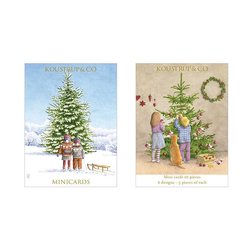 The "Card Pack: Christmas Kids and the Christmas Tree 2 Images" by Koustrupco includes 10 cards & envelopes featuring charming holiday scenes of children by a Christmas tree, perfect for festive stationery or Scandinavian Christmas greetings.