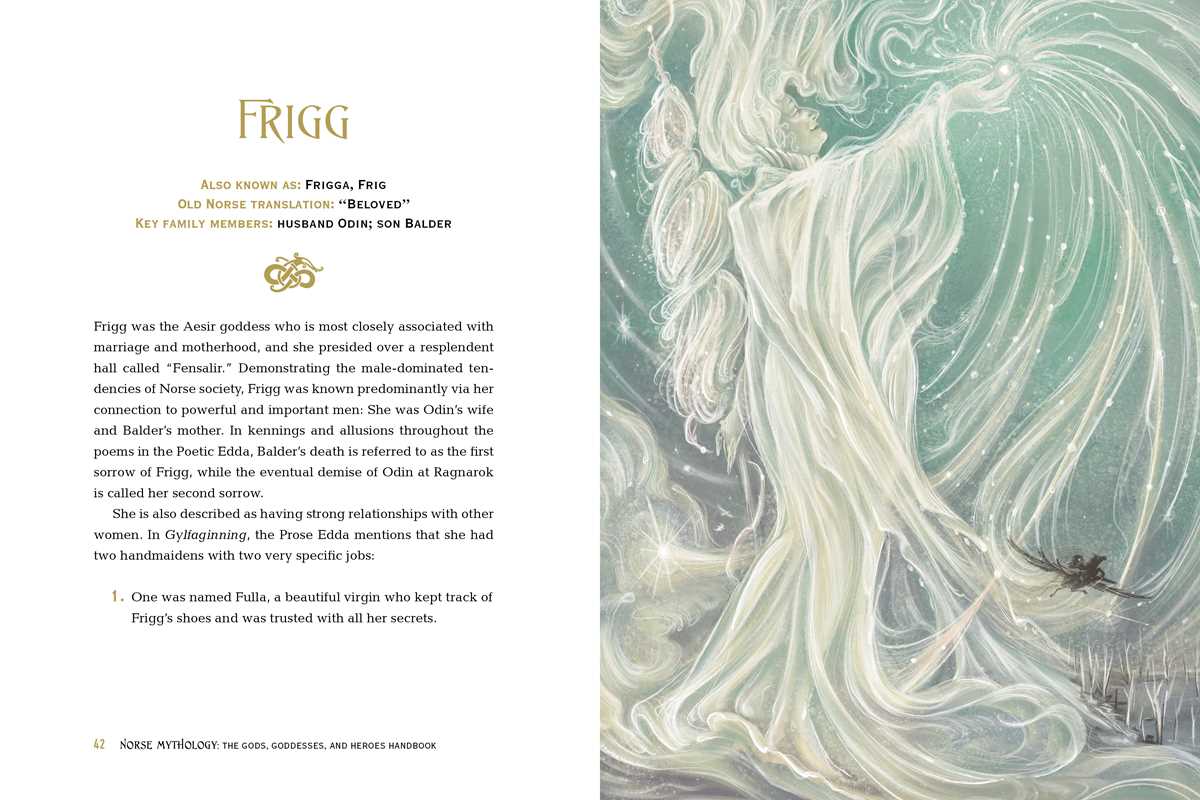 This illustrated page from Book: Norse Mythology: The Gods, Goddesses, and Heroes Handbook by Kelsey A. Fuller-Shafer showcases Frigg with a description and an ethereal portrait—an ideal addition to any mythology lover’s collection.