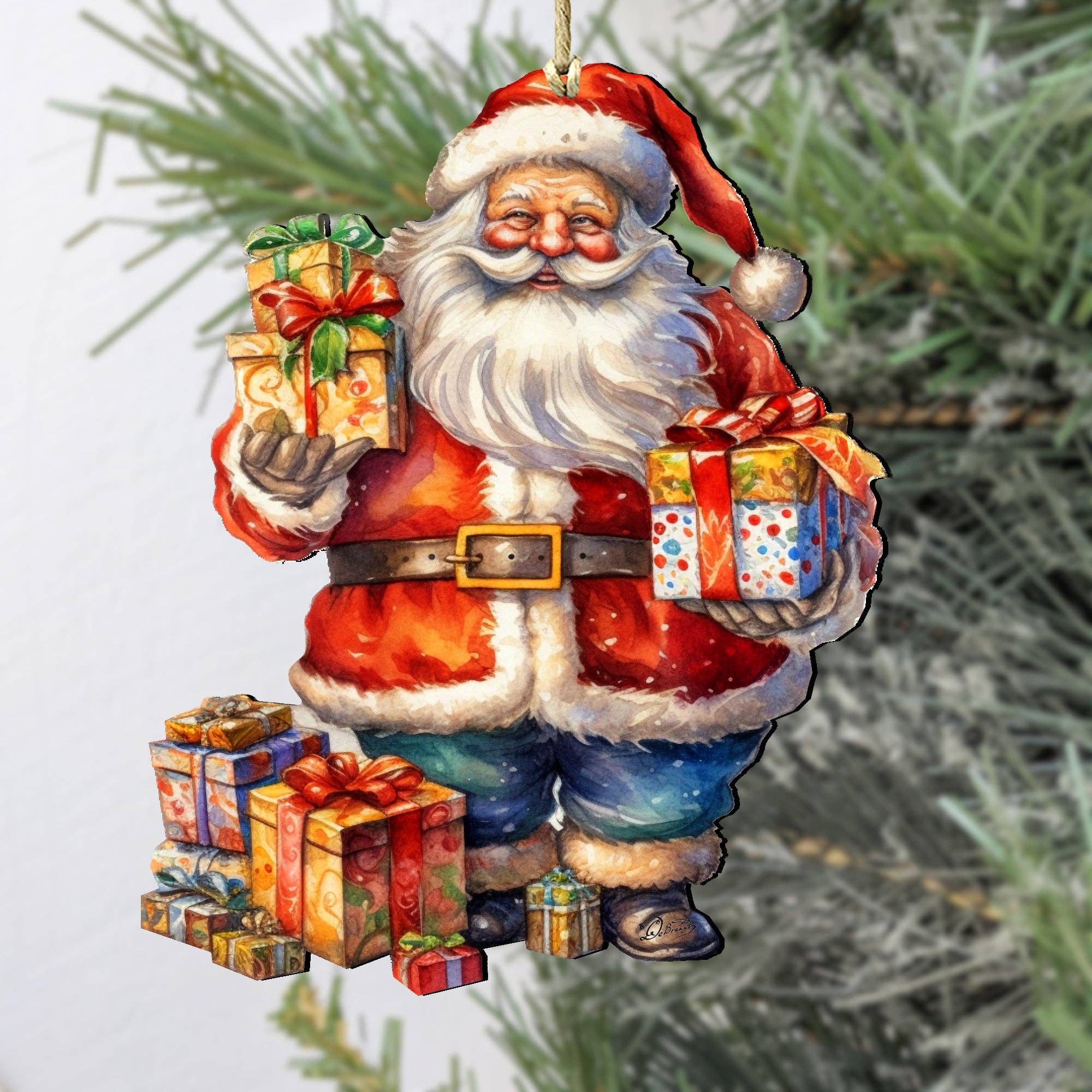 The Merry Delivery Santa Wood Christmas Tree Ornament by Artist g Debrekht features Santa holding wrapped gifts with more presents at his feet, hanging amidst green pine needles.