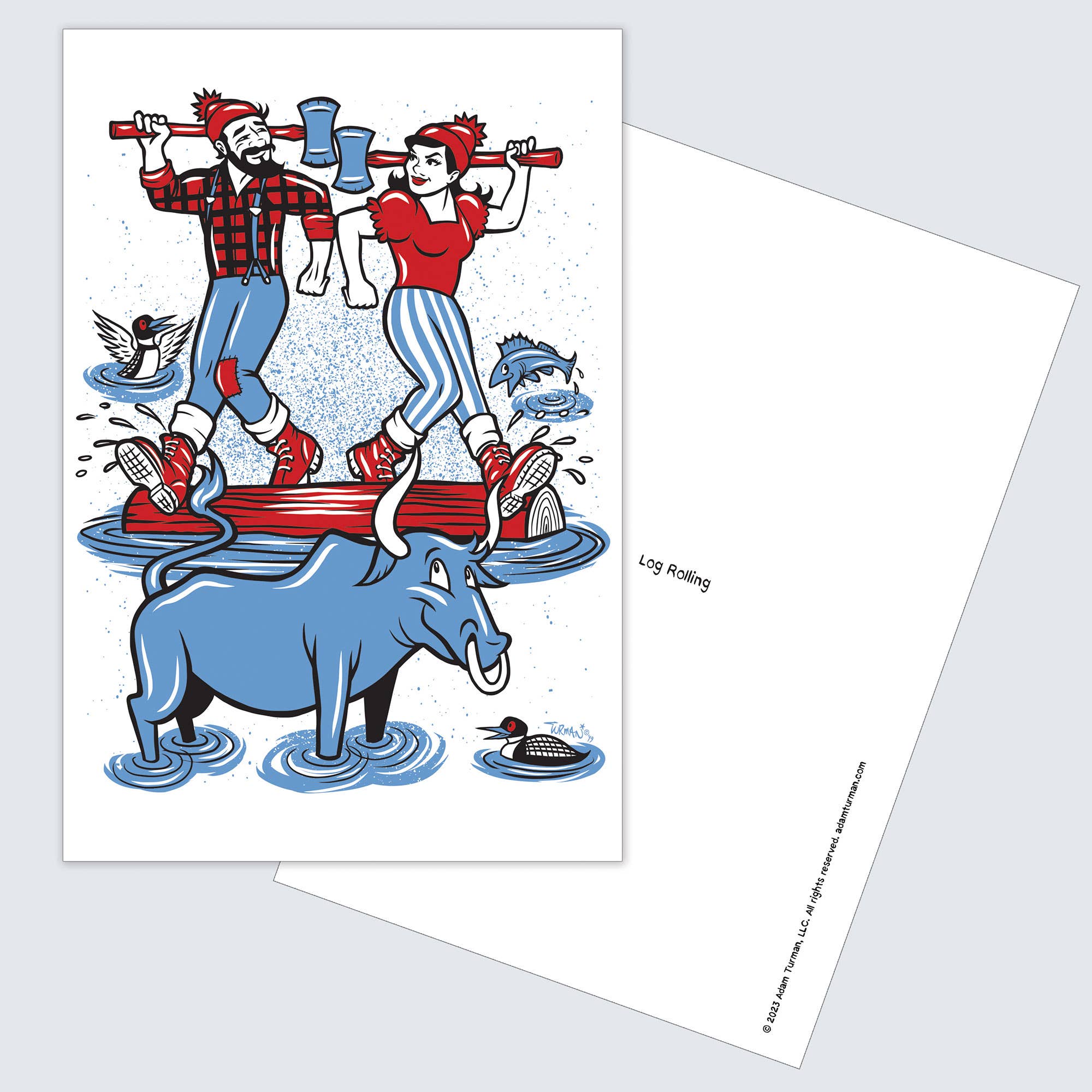 Whimsical illustration from Postcards: MN Abbey Road of two lumberjacks log rolling on water with a blue ox, birds, and fish in red, blue, and black—perfect for quirky Minnesota postcards or unique collectible prints.