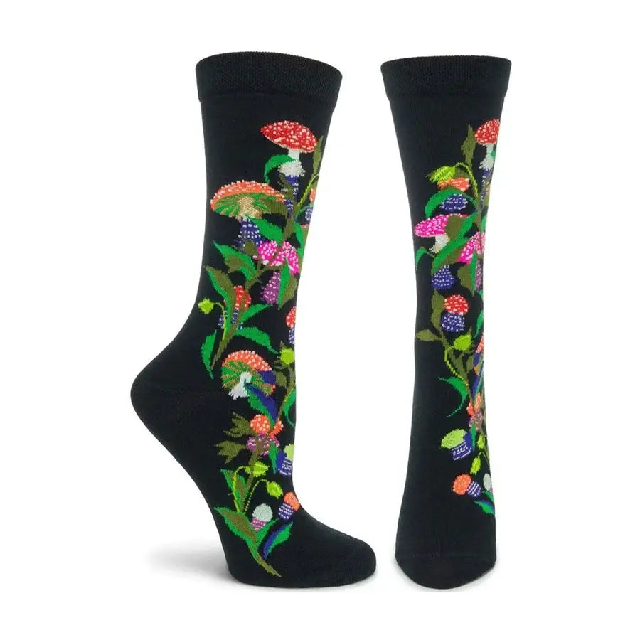 The black Ozone Women's Amanita Muscaria Mushrooms socks highlight enrapturing mystical mushrooms and vibrant foliage designs, capturing Ozone Design's signature whimsical style.